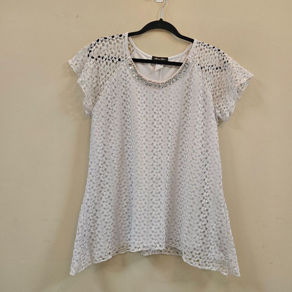 Brittany Black Vintage White Lace Rhinestones Asymmetrical Tunic Top Women Sz M